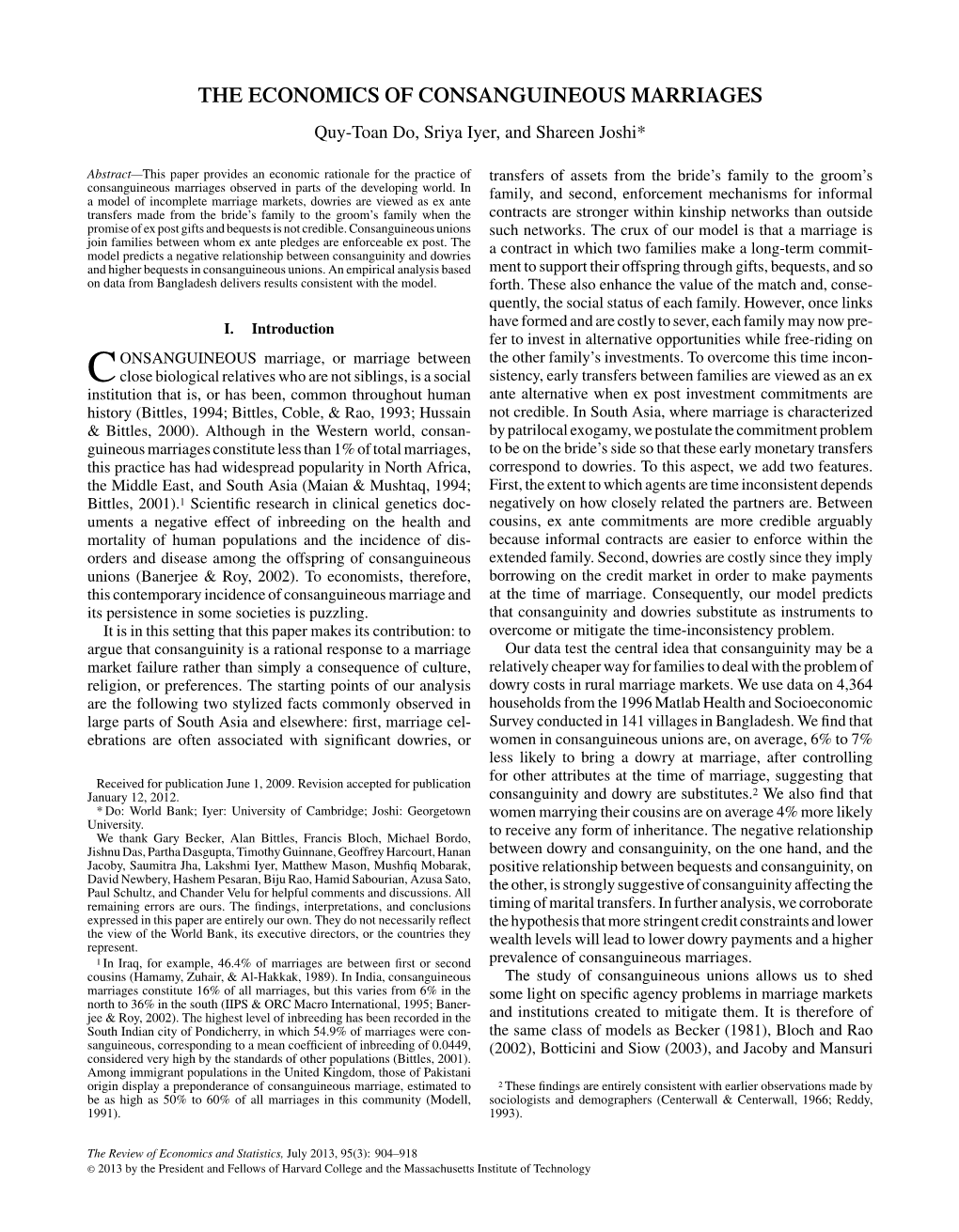 THE ECONOMICS of CONSANGUINEOUS MARRIAGES Quy-Toan Do, Sriya Iyer, and Shareen Joshi*