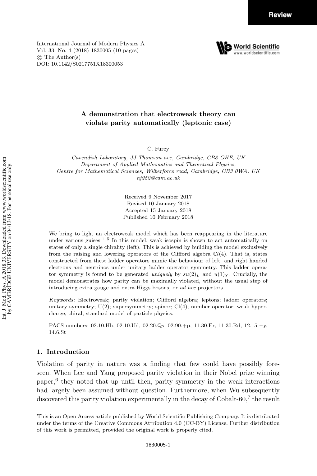 A Demonstration That Electroweak Theory Can Violate Parity Automatically (Leptonic Case)