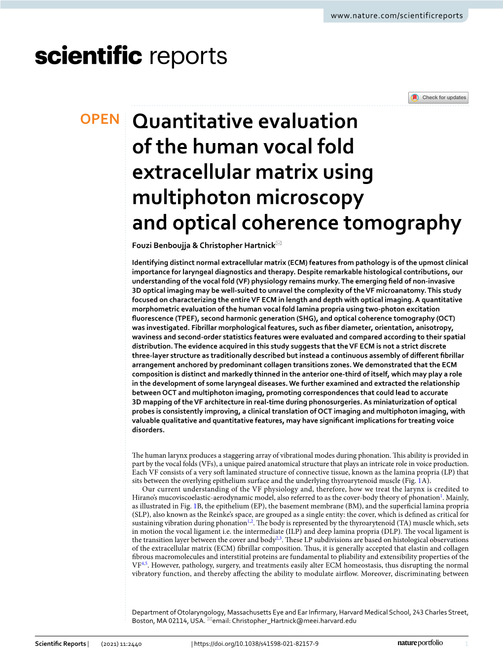 Quantitative Evaluation of the Human Vocal Fold Extracellular Matrix Using Multiphoton Microscopy and Optical Coherence Tomograp