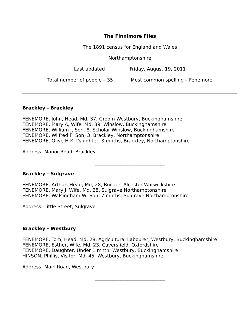 The Finnimore Files the 1891 Census for England and Wales Northamptonshire Last Updated Friday, August 19, 2011 Total Number Of