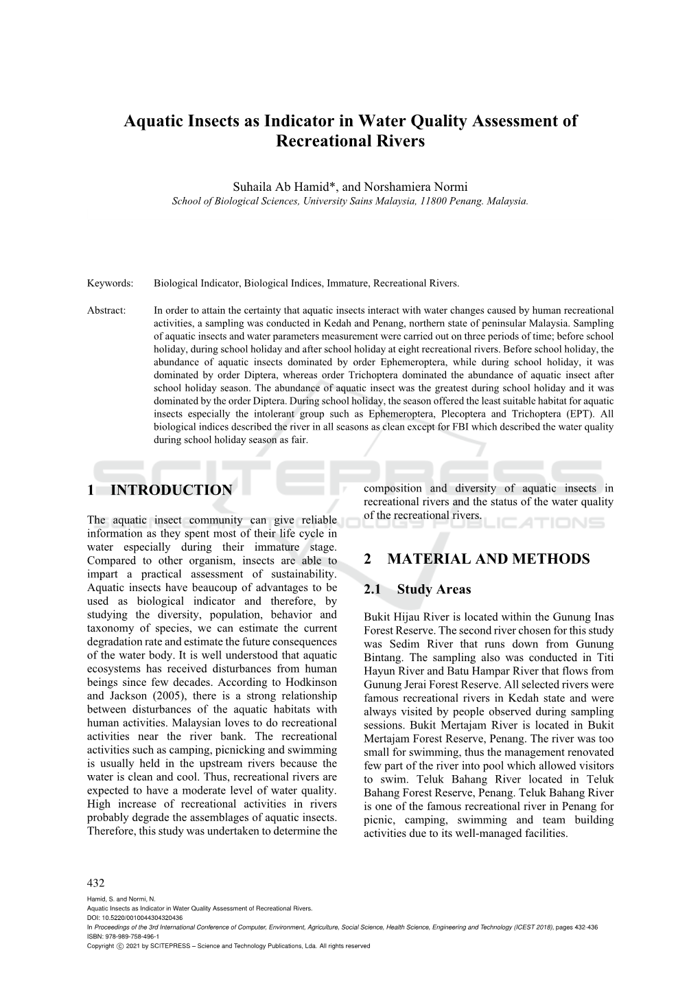 Aquatic Insects As Indicator in Water Quality Assessment of Recreational Rivers