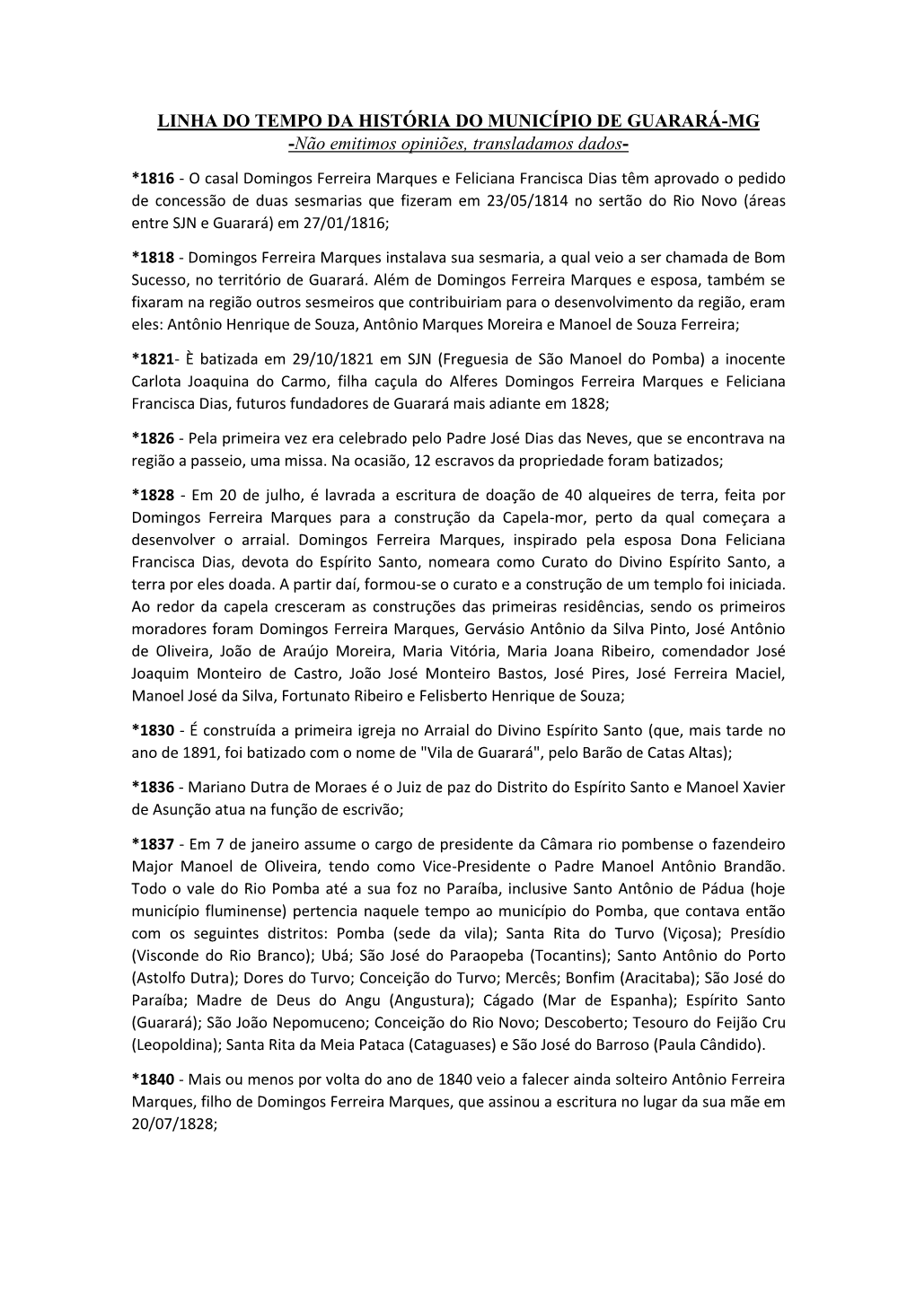 LINHA DO TEMPO DA HISTÓRIA DO MUNICÍPIO DE GUARARÁ-MG -Não Emitimos Opiniões, Transladamos Dados