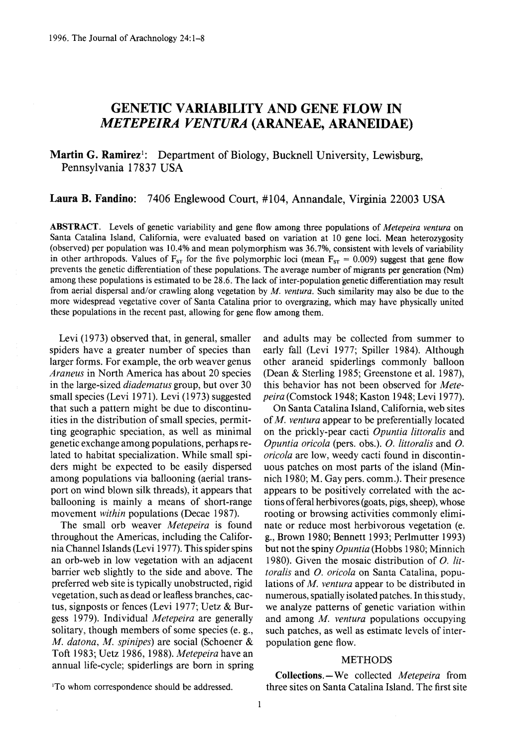 Genetic Variability and Gene Flow I N Metepeira Ventura (Araneae, Araneidae)
