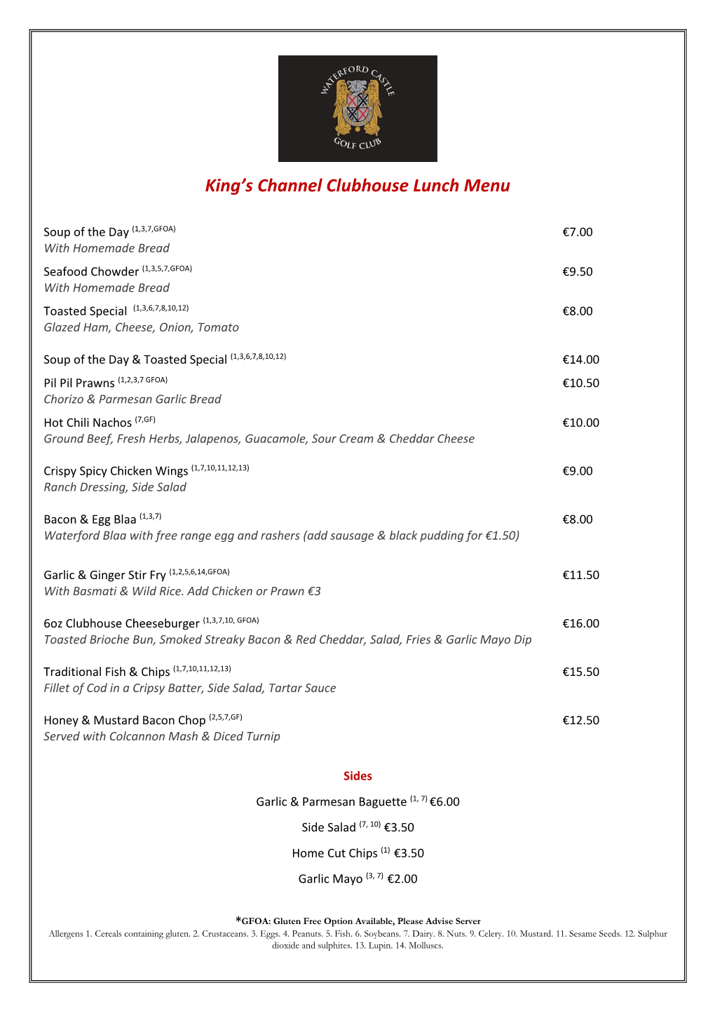King's Channel Clubhouse Lunch Menu
