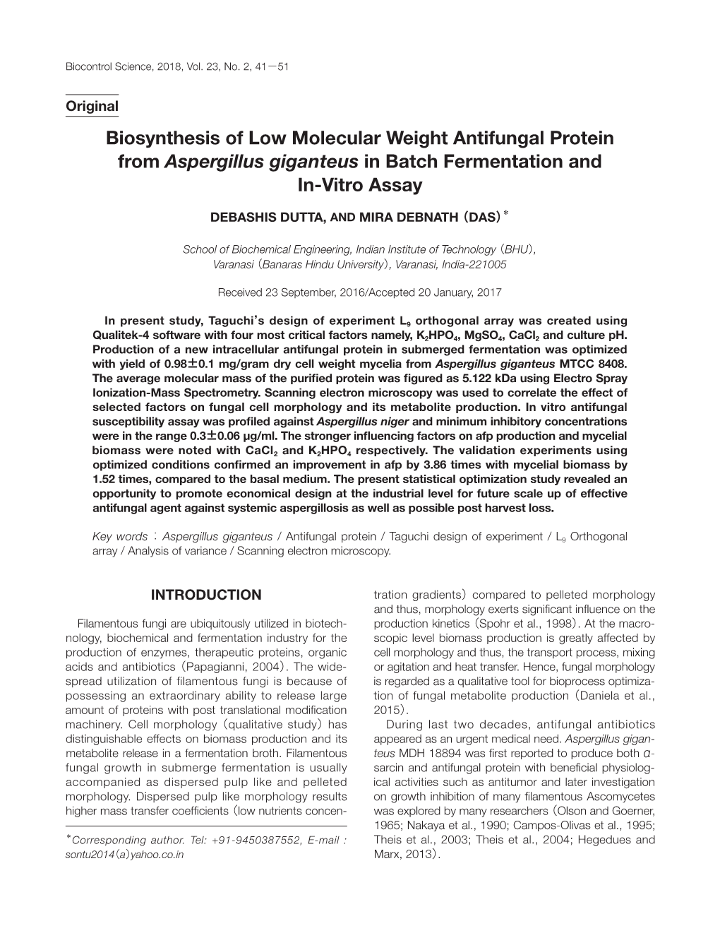 Biosynthesis of Low Molecular Weight Antifungal Protein from Aspergillus Giganteus in Batch Fermentation and In-Vitro Assay