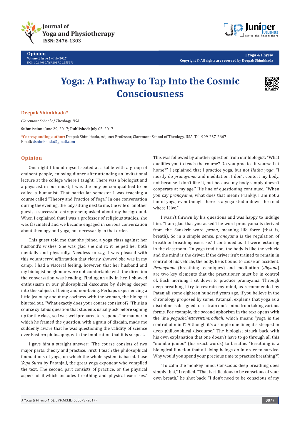 Yoga: a Pathway to Tap Into the Cosmic Consciousness