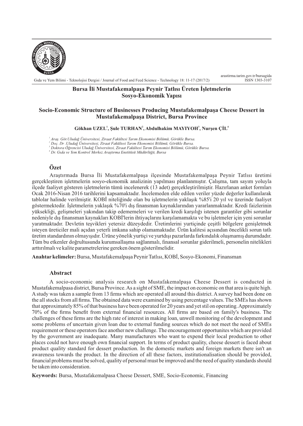 Bursa İli Mustafakemalpaşa Peynir Tatlısı Üreten İşletmelerin Sosyo-Ekonomik Yapısı
