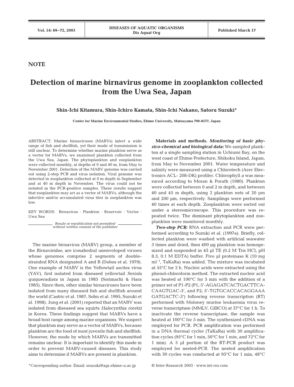 Detection of Marine Birnavirus Genome in Zooplankton Collected from the Uwa Sea, Japan