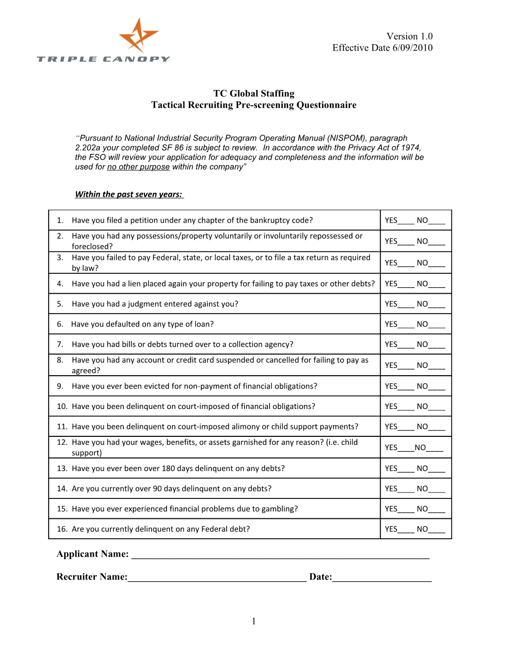 Tactical Recruiting Pre-Screening Questionnaire