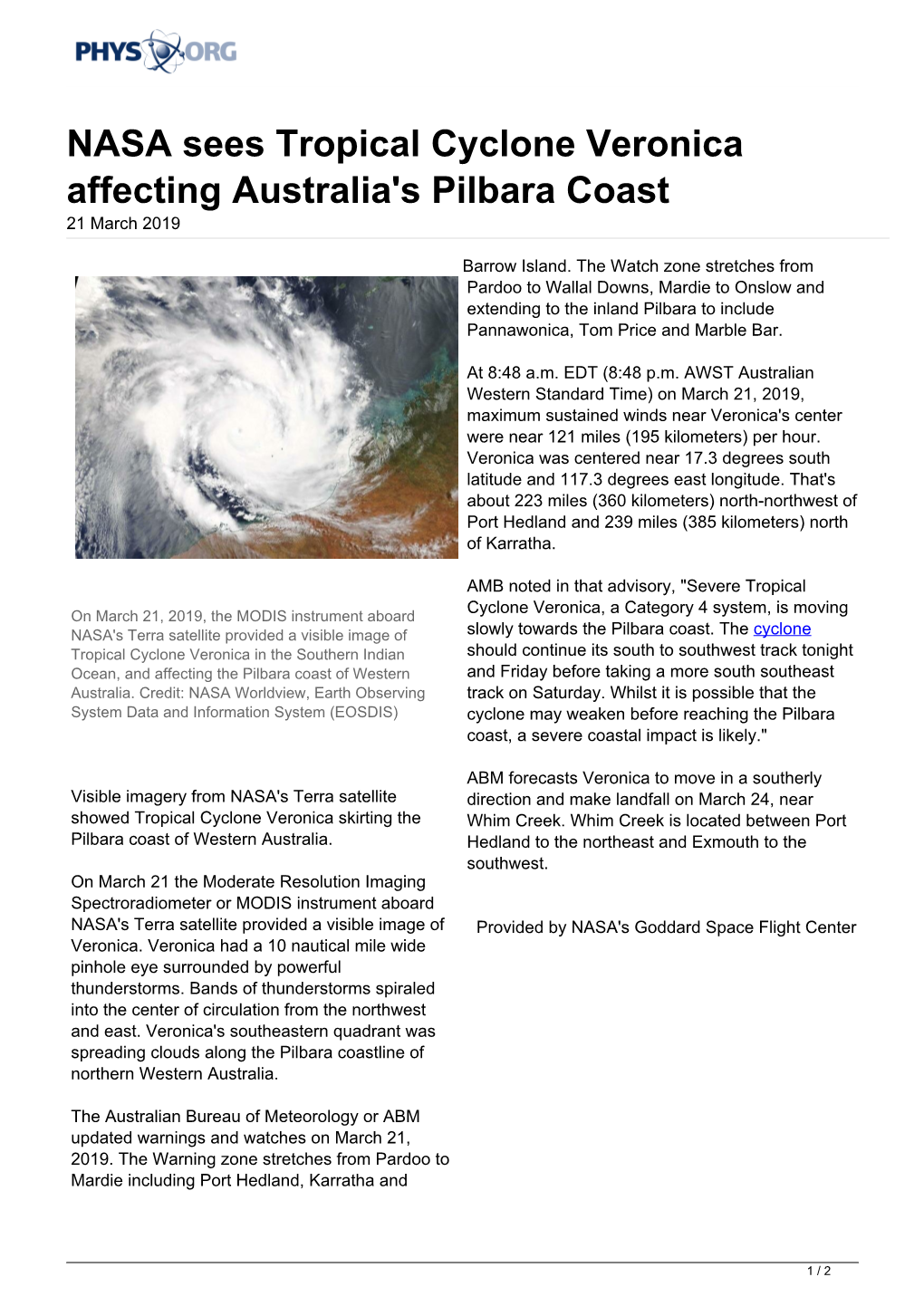 NASA Sees Tropical Cyclone Veronica Affecting Australia's Pilbara Coast 21 March 2019