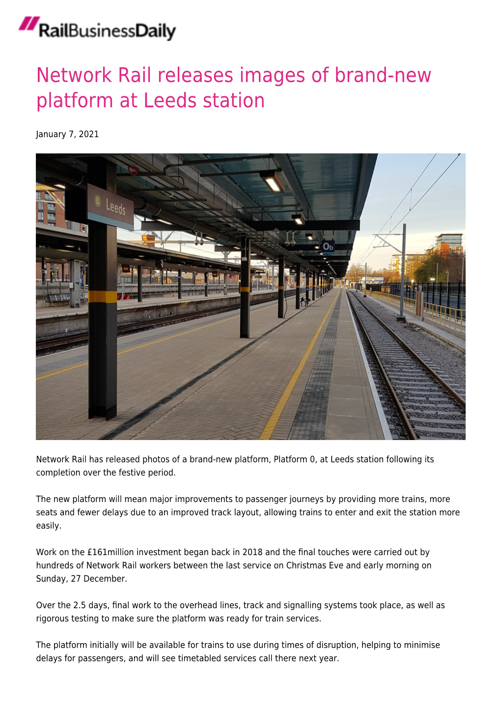 Network Rail Releases Images of Brand-New Platform at Leeds Station