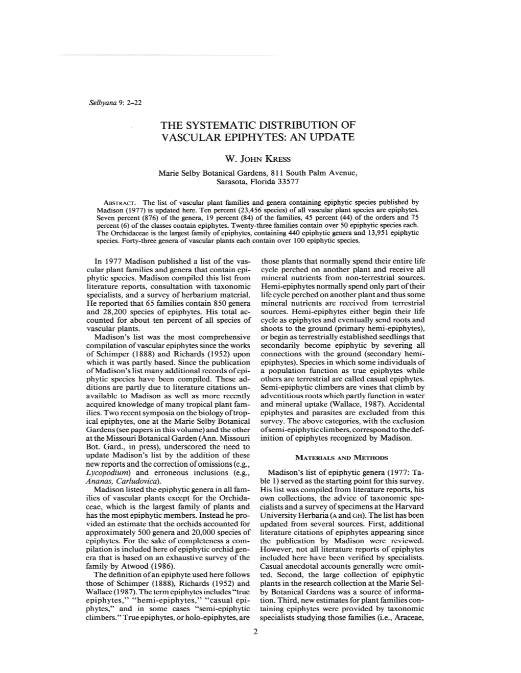 The Systematic Distribution of Vascular Epiphytes: an Update