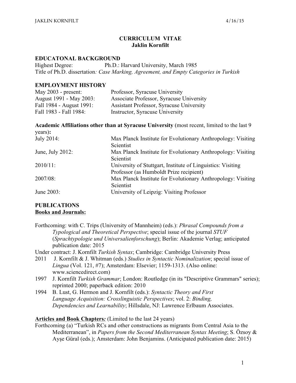 CV January 22 2015 Kornfilt Revised