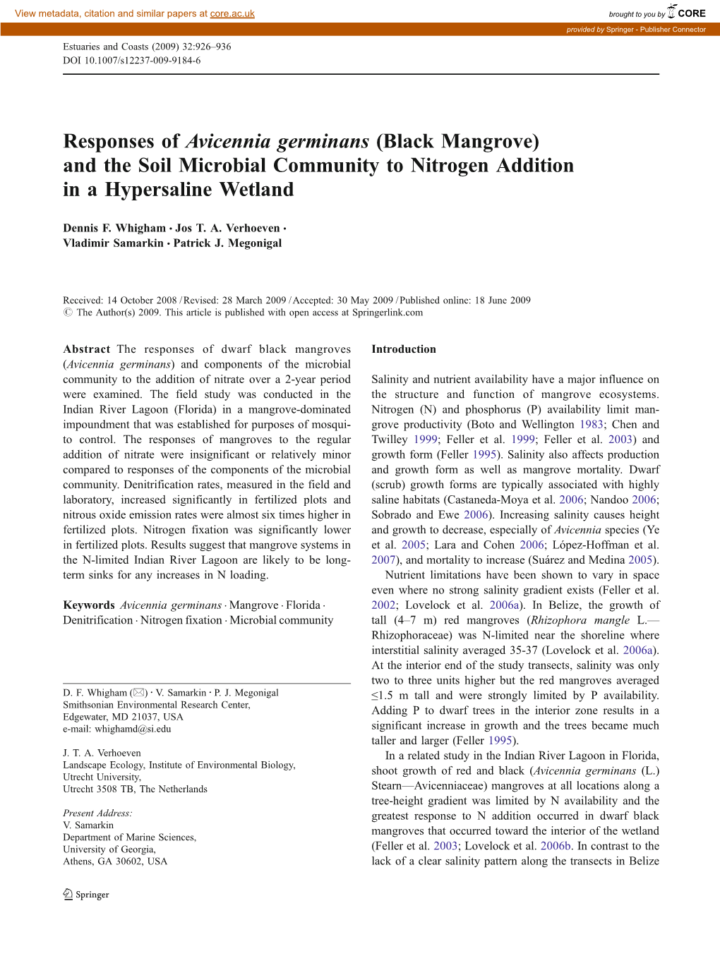 Responses of Avicennia Germinans (Black Mangrove) and the Soil Microbial Community to Nitrogen Addition in a Hypersaline Wetland