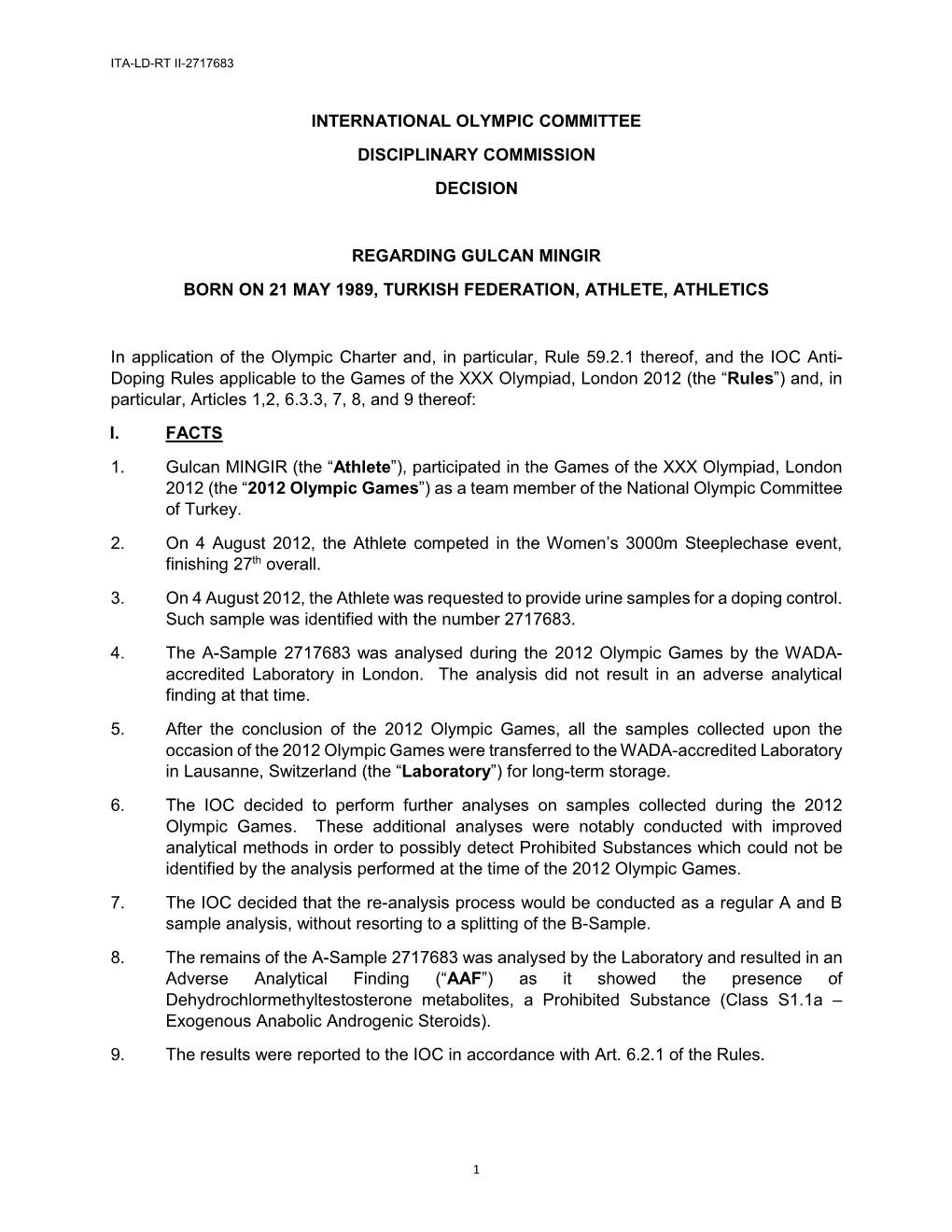 International Olympic Committee Disciplinary Commission Decision
