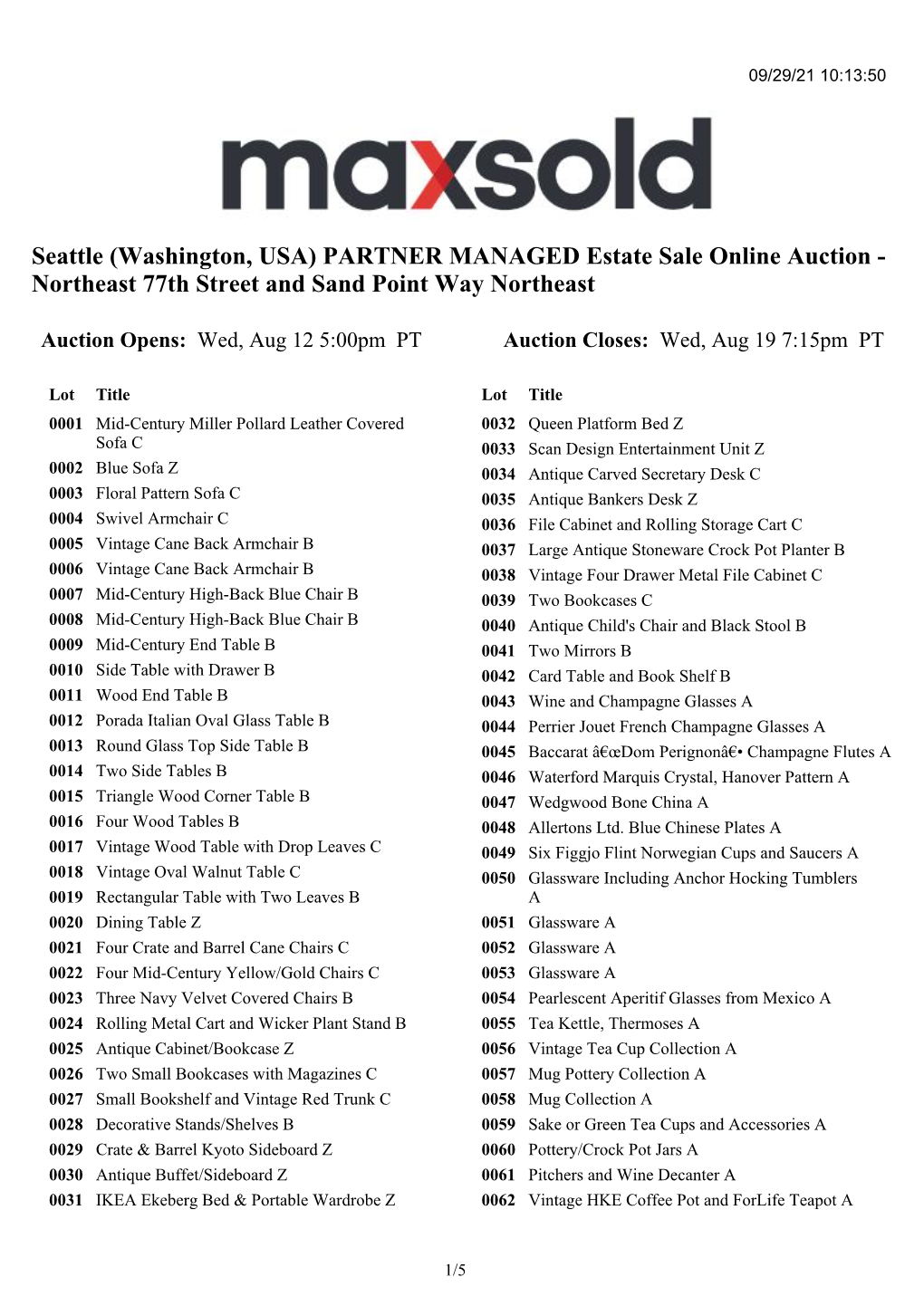 PARTNER MANAGED Estate Sale Online Auction - Northeast 77Th Street and Sand Point Way Northeast