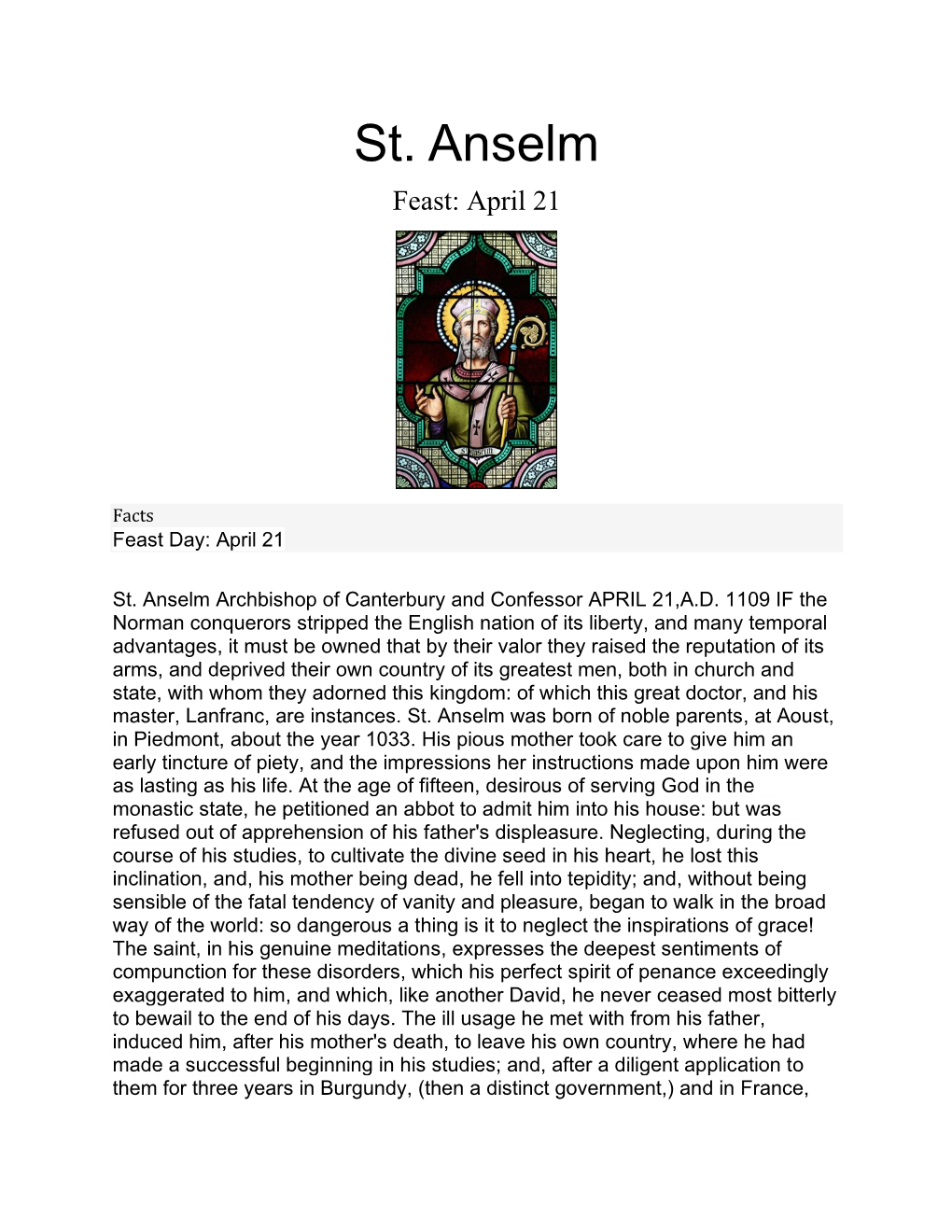 St. Anselm Feast: April 21