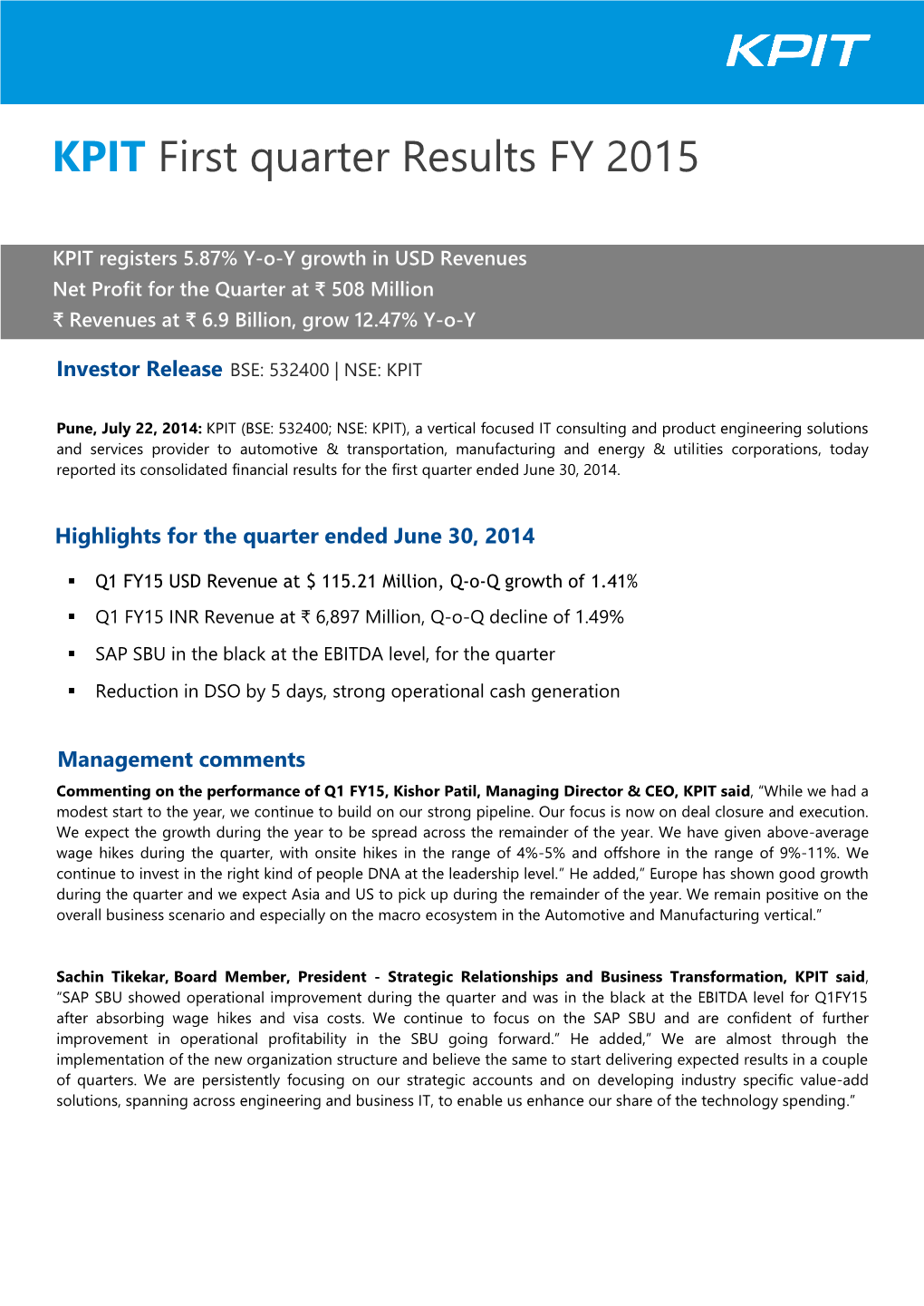 KPIT First Quarter Results FY 2015