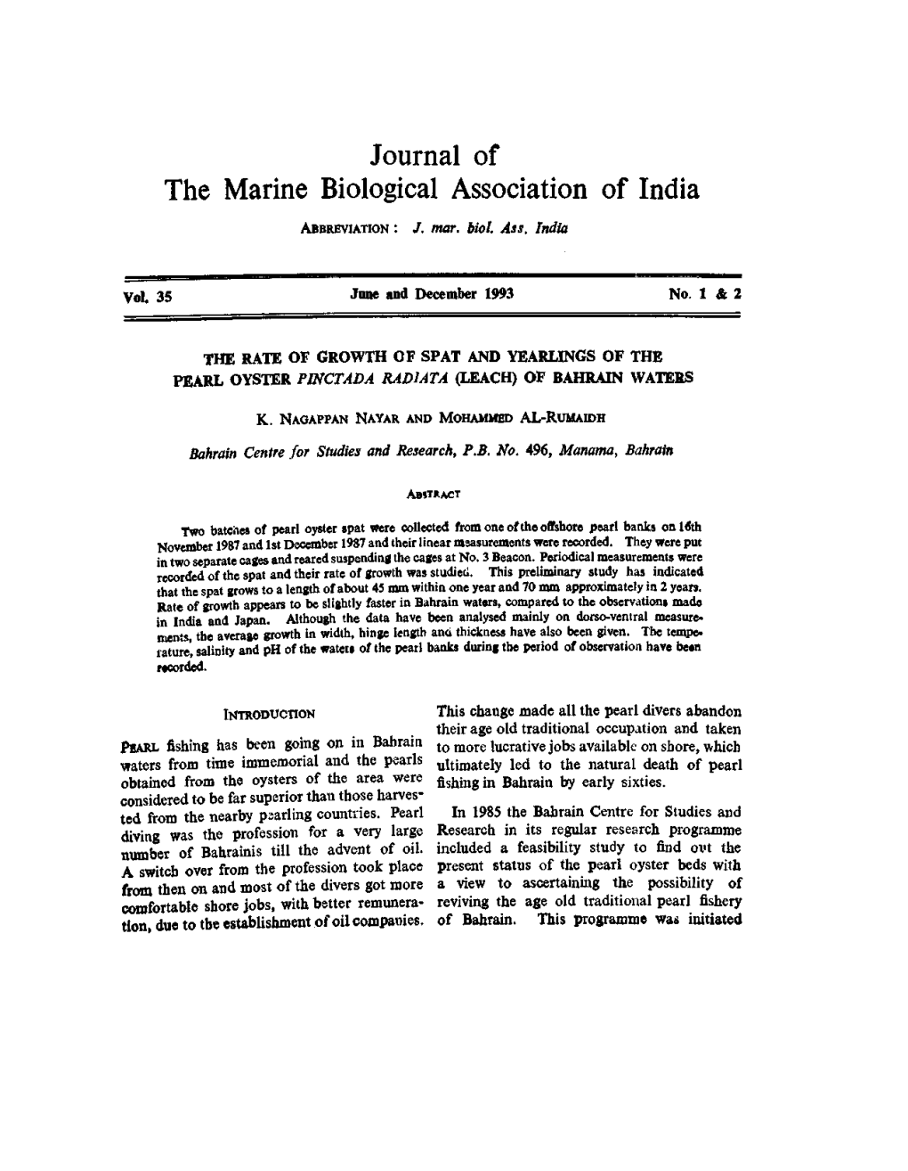 Journal of the Marine Biological Association of India