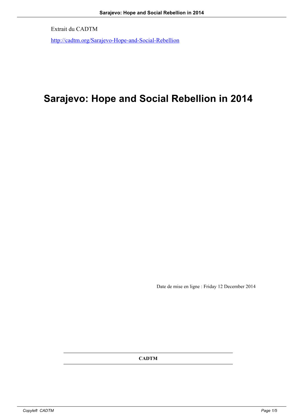 Sarajevo: Hope and Social Rebellion in 2014