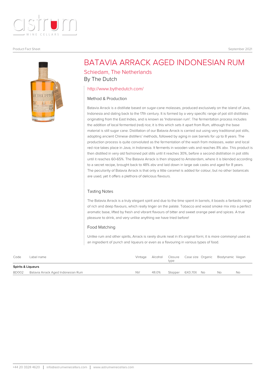 BATAVIA ARRACK AGED INDONESIAN RUM Schiedam, the Netherlands by the Dutch