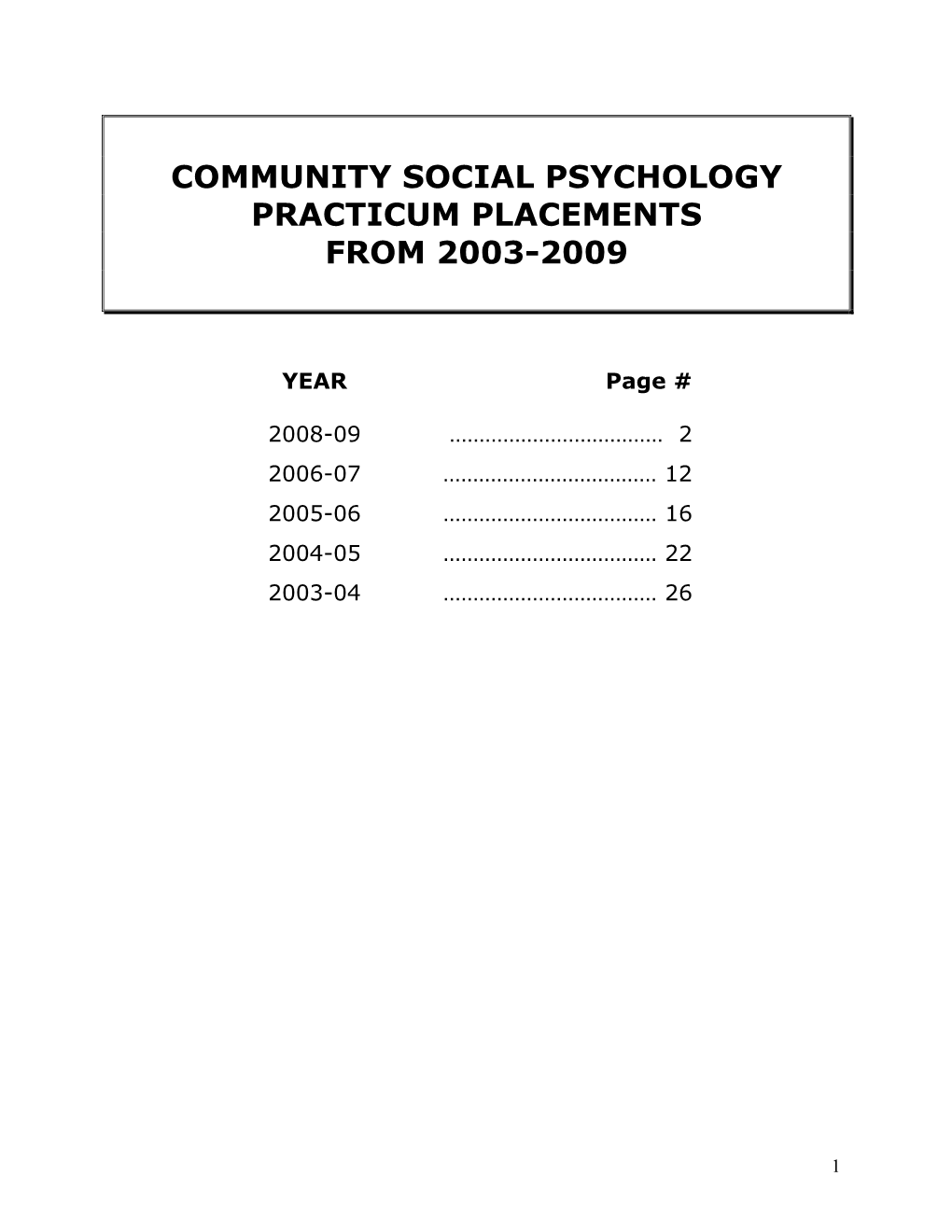 Community Social Psychology Practicum Placements from 2003-2009