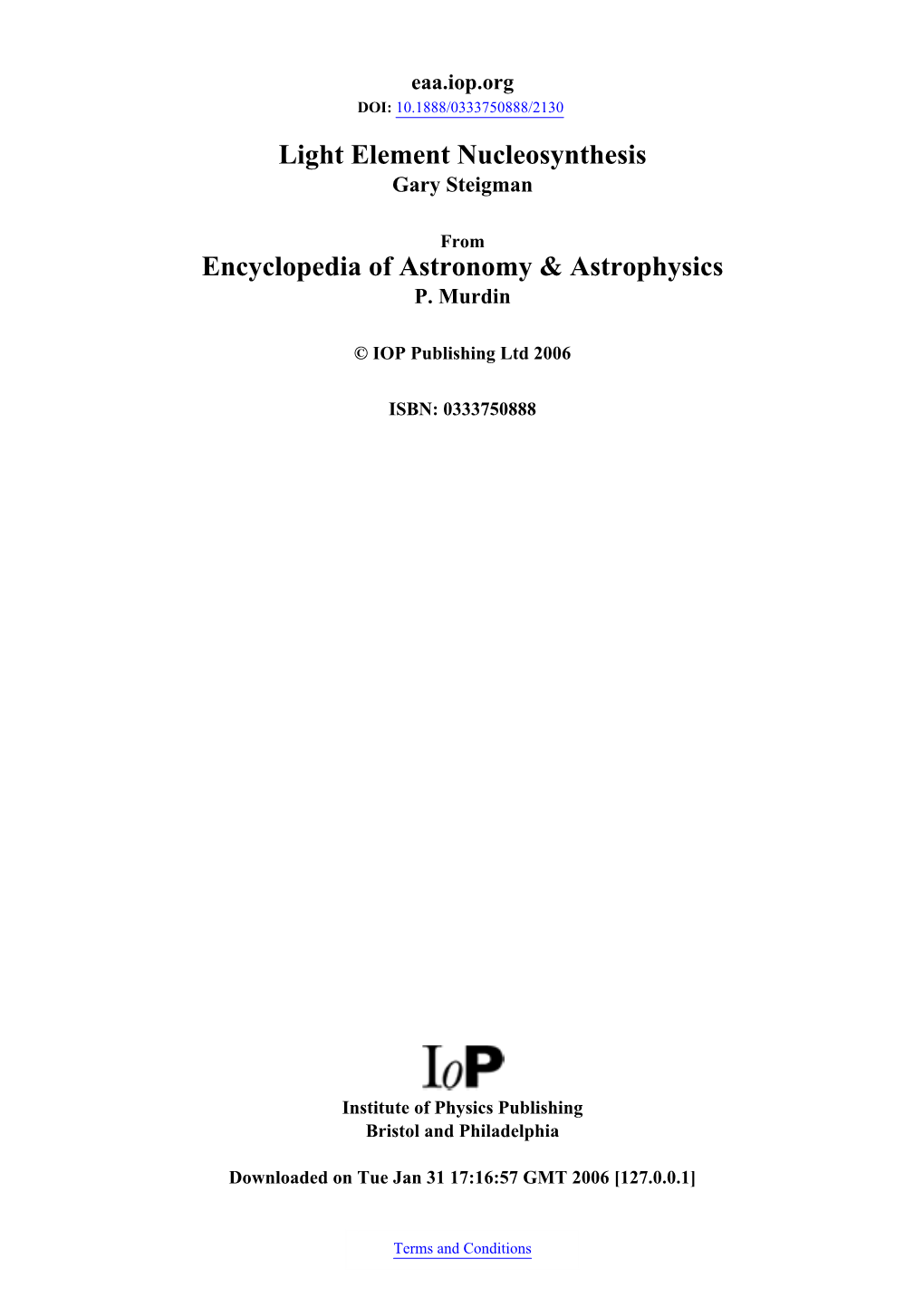 Light Element Nucleosynthesis Encyclopedia of Astronomy