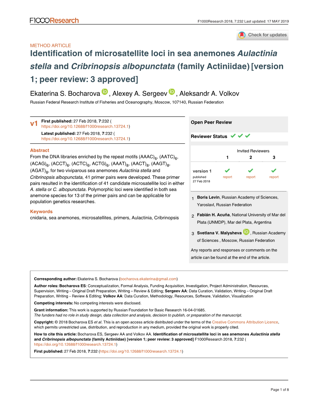 Identification of Microsatellite Loci in Sea Anemones Aulactinia And