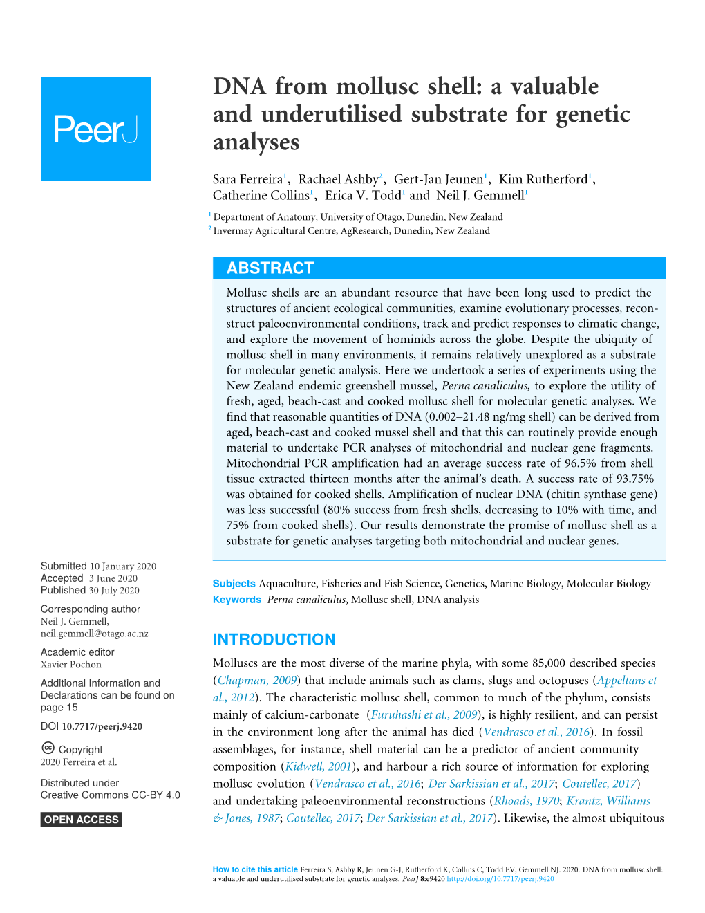 DNA from Mollusc Shell: a Valuable and Underutilised Substrate for Genetic Analyses