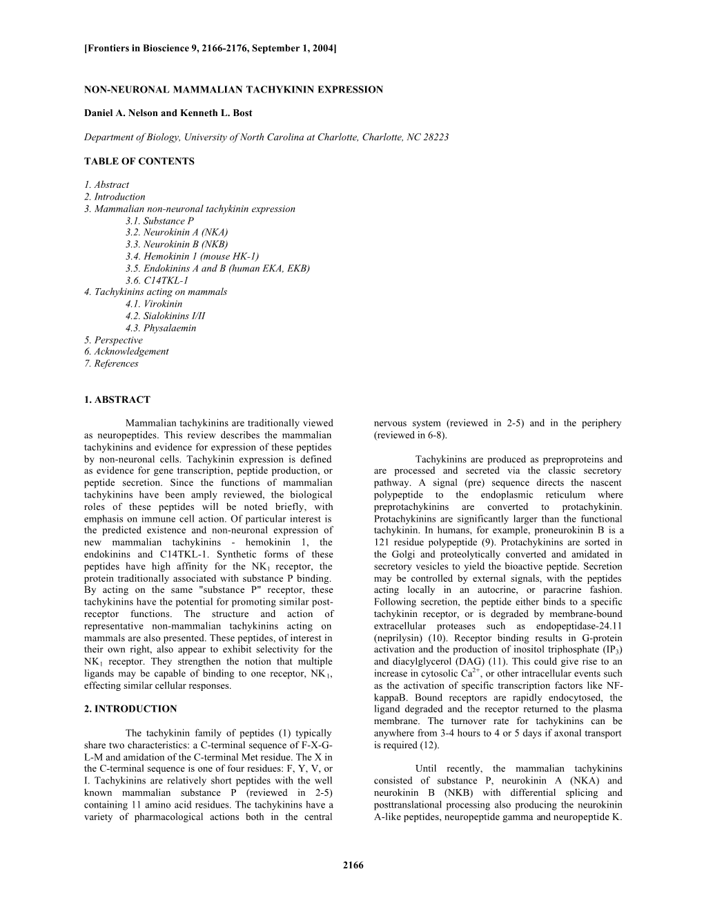 2166 NON-NEURONAL MAMMALIAN TACHYKININ EXPRESSION Daniel