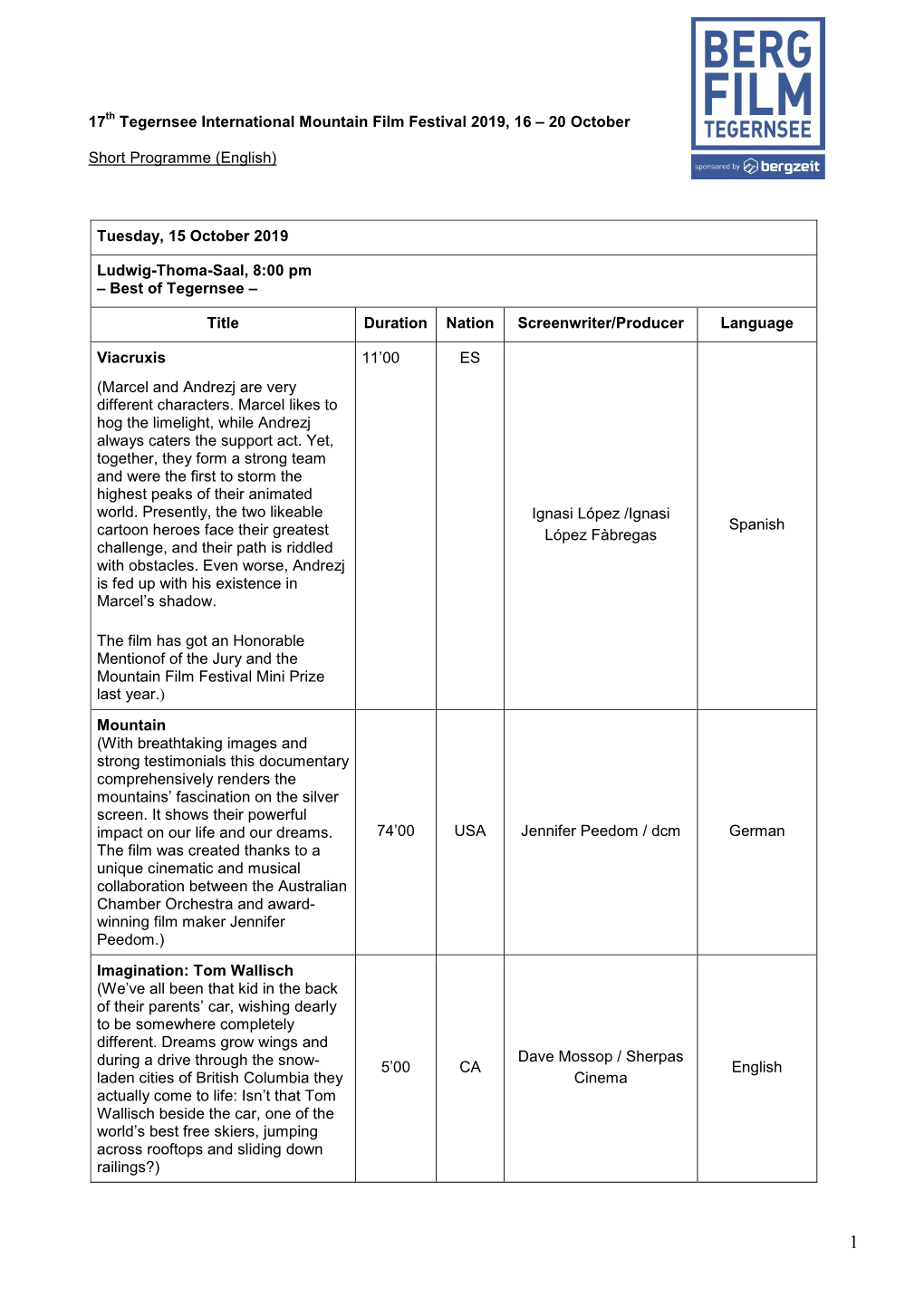 17Th Tegernsee International Mountain Film Festival 2019, 16 – 20 October