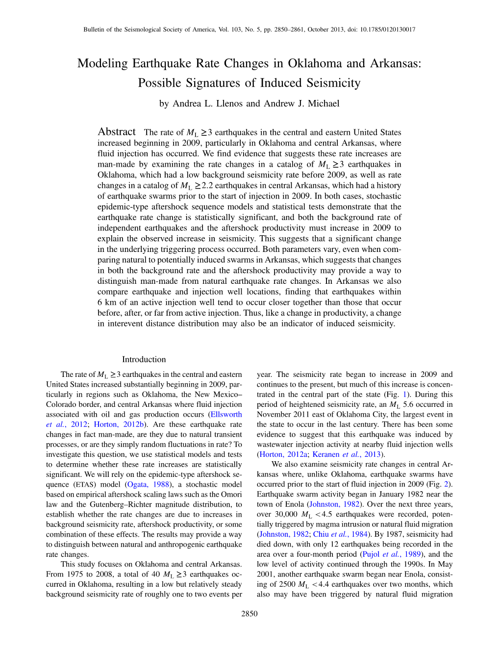 Modeling Earthquake Rate Changes in Oklahoma and Arkansas: Possible Signatures of Induced Seismicity by Andrea L