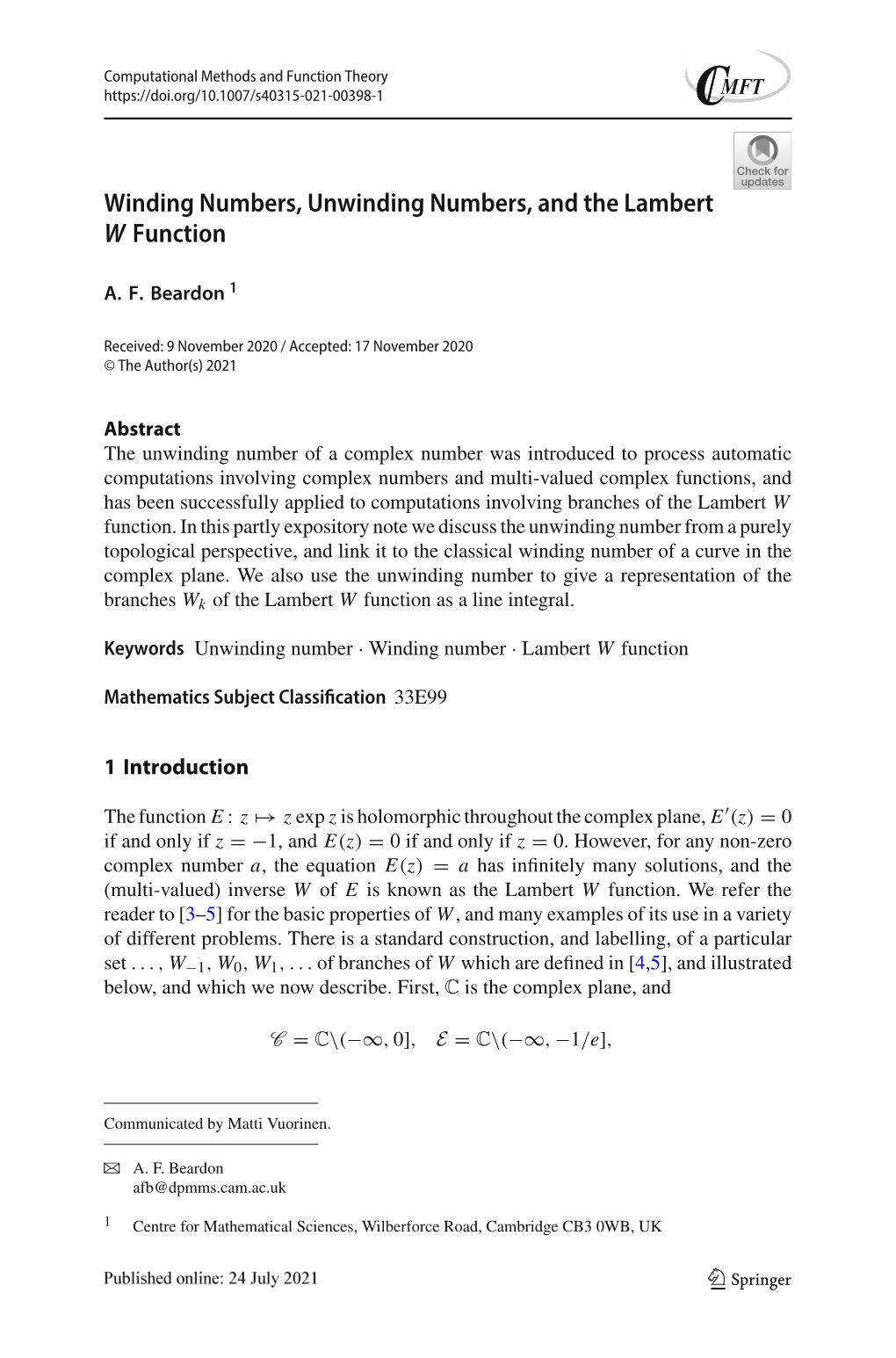 Winding Numbers, Unwinding Numbers, and the Lambert W Function