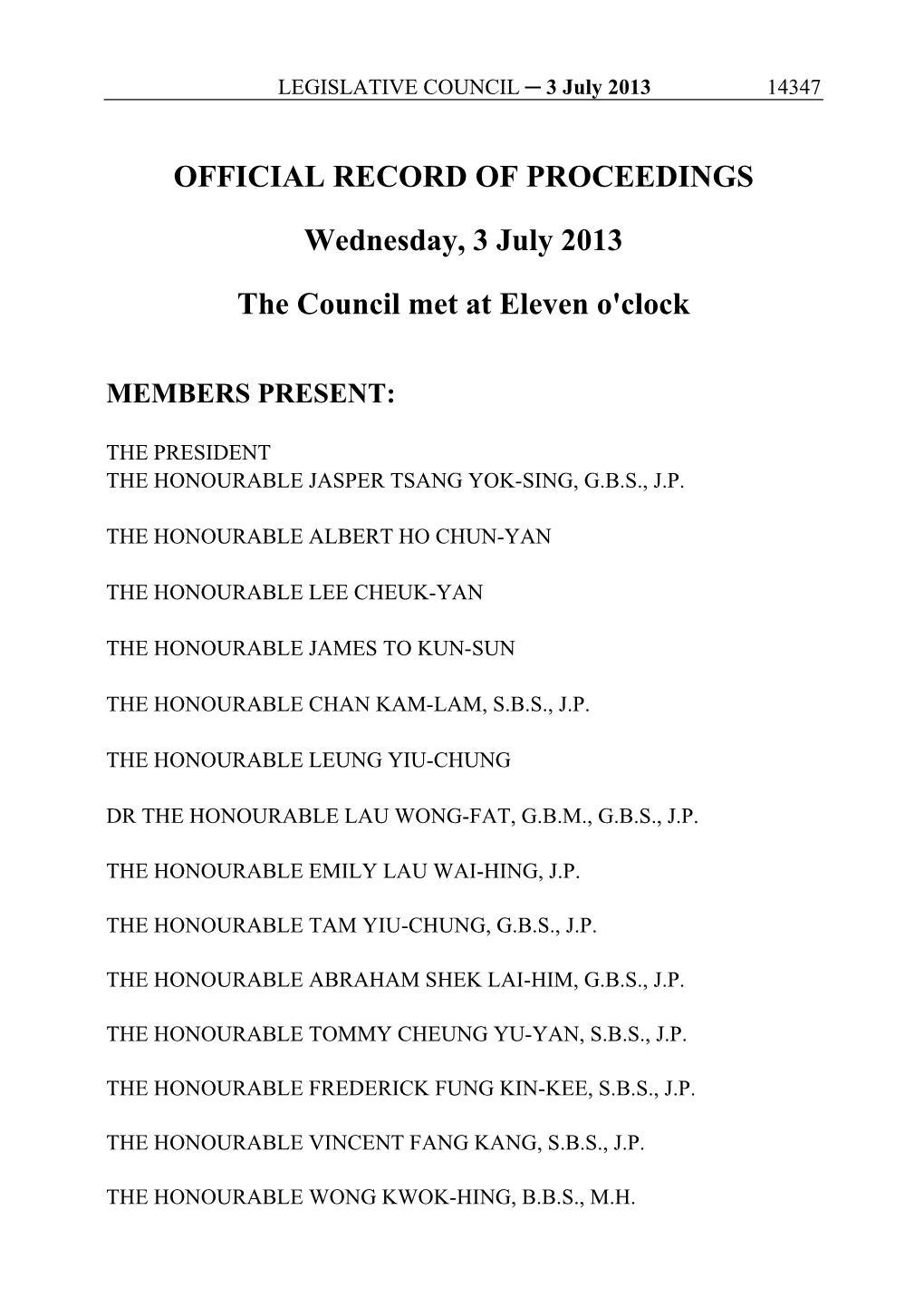 OFFICIAL RECORD of PROCEEDINGS Wednesday, 3 July