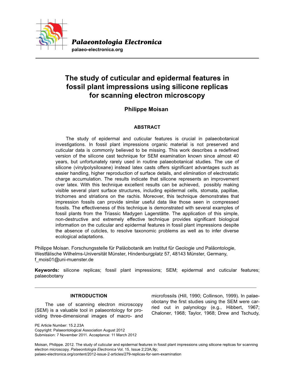 The Study of Cuticular and Epidermal Features in Fossil Plant Impressions Using Silicone Replicas for Scanning Electron Microscopy