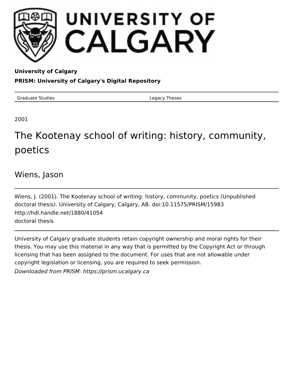 The Kootenay School of Writing: History, Community, Poetics