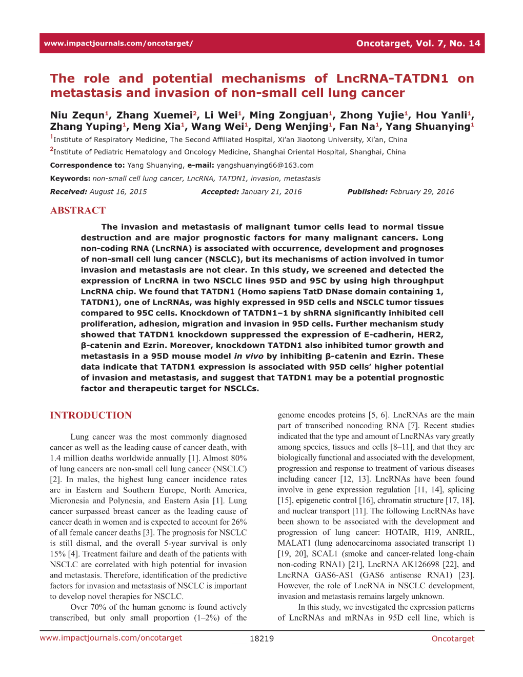 The Role and Potential Mechanisms of Lncrna-TATDN1 on Metastasis and Invasion of Non-Small Cell Lung Cancer