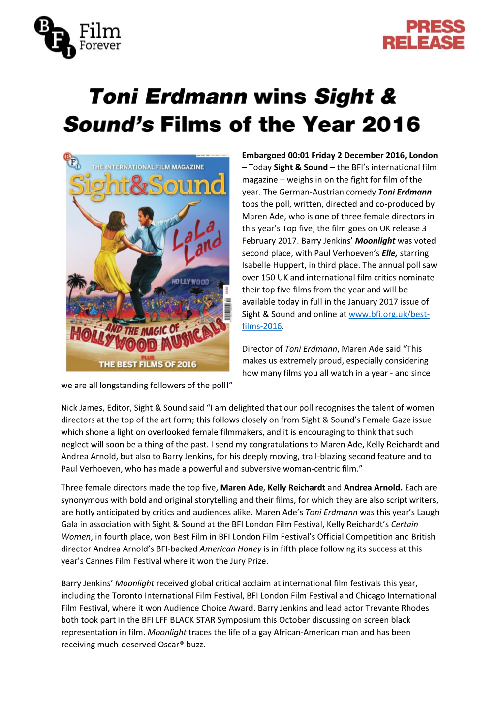 BFI Press Release: Toni Erdmann Wins Sight & Sound's Films of the Year