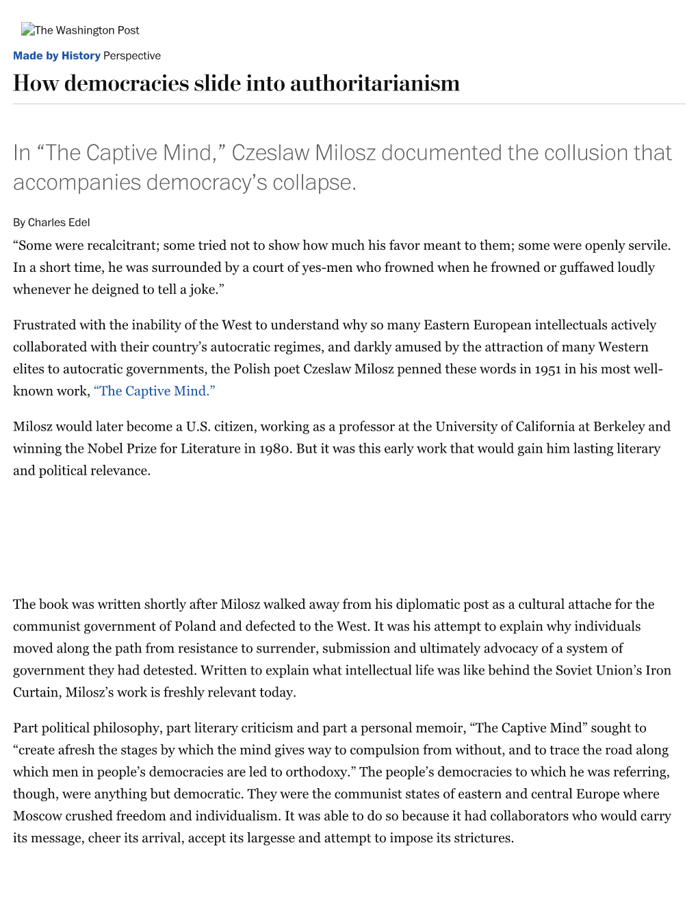 “The Captive Mind,” Czeslaw Milosz Documented the Collusion That Accompanies Democracy’S Collapse