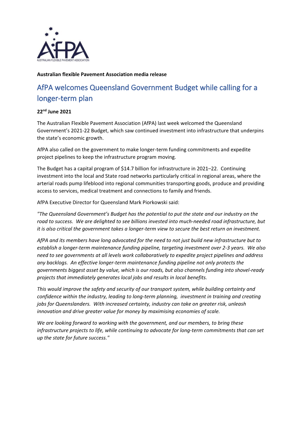 Afpa Welcomes Queensland Government Budget While Calling for a Longer-Term Plan