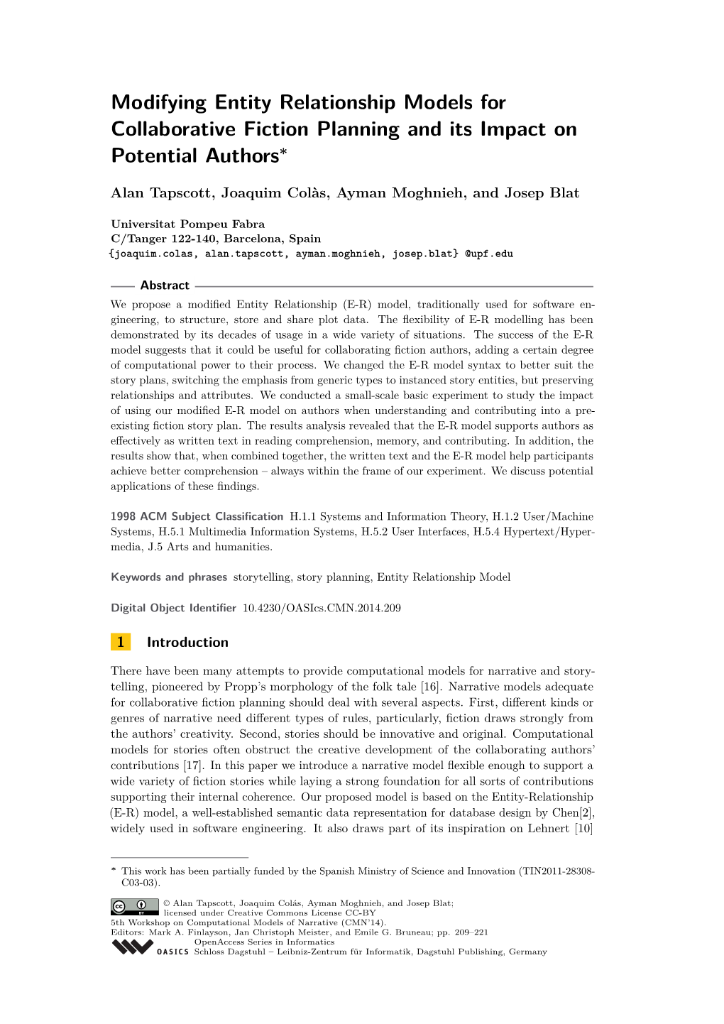 Modifying Entity Relationship Models for Collaborative Fiction Planning and Its Impact on Potential Authors∗