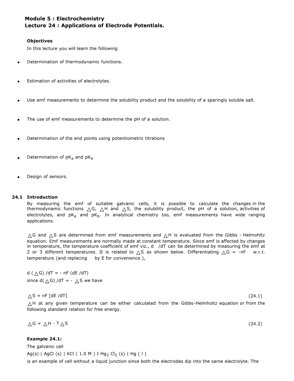 Module 5 : Electrochemistry Lecture 24 : Applications of Electrode Potentials