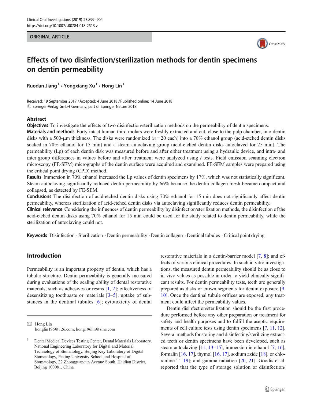 Effects of Two Disinfection/Sterilization Methods for Dentin Specimens on Dentin Permeability