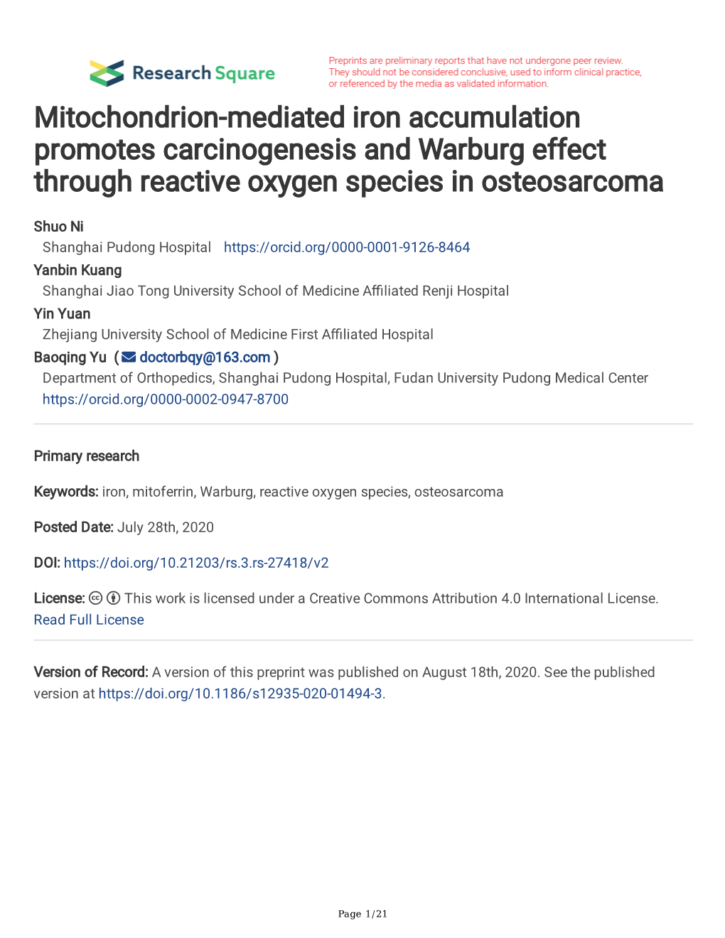 Mitochondrion-Mediated Iron Accumulation Promotes Carcinogenesis and Warburg Effect Through Reactive Oxygen Species in Osteosarcoma