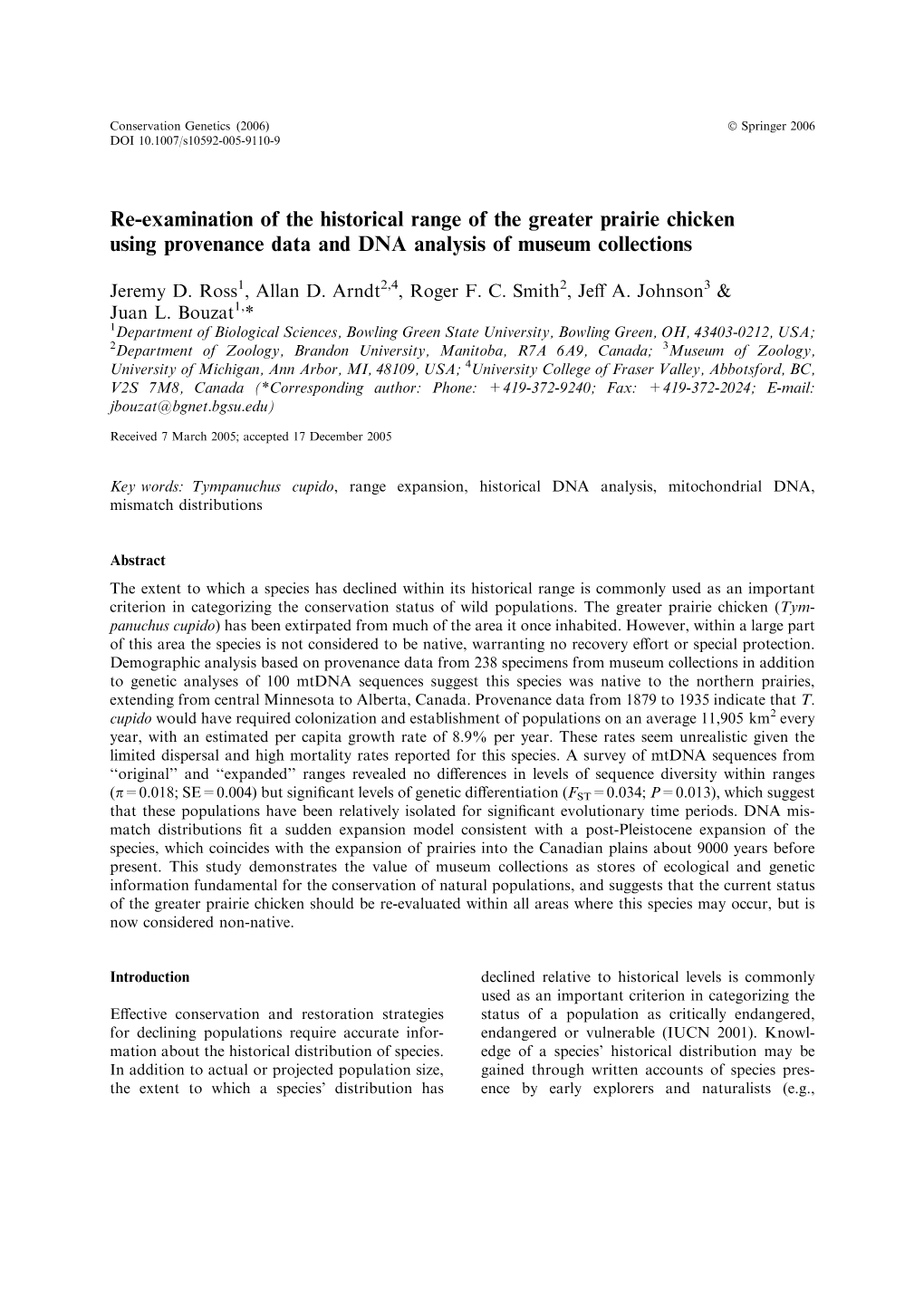 Re-Examination of the Historical Range of the Greater Prairie Chicken Using Provenance Data and DNA Analysis of Museum Collections