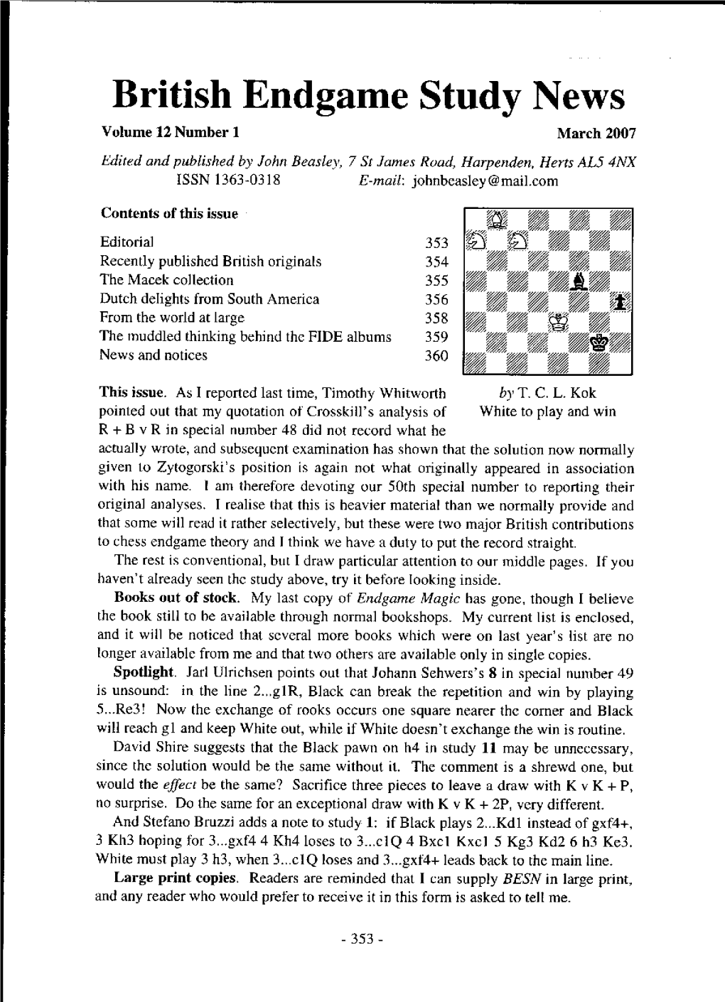 British Endgame Study News Volume 12 Number I March 2007