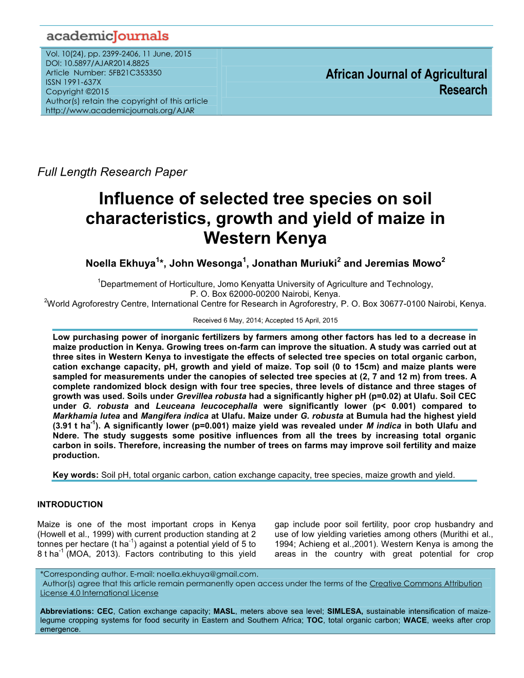 Influence of Selected Tree Species on Soil Characteristics, Growth and Yield of Maize in Western Kenya