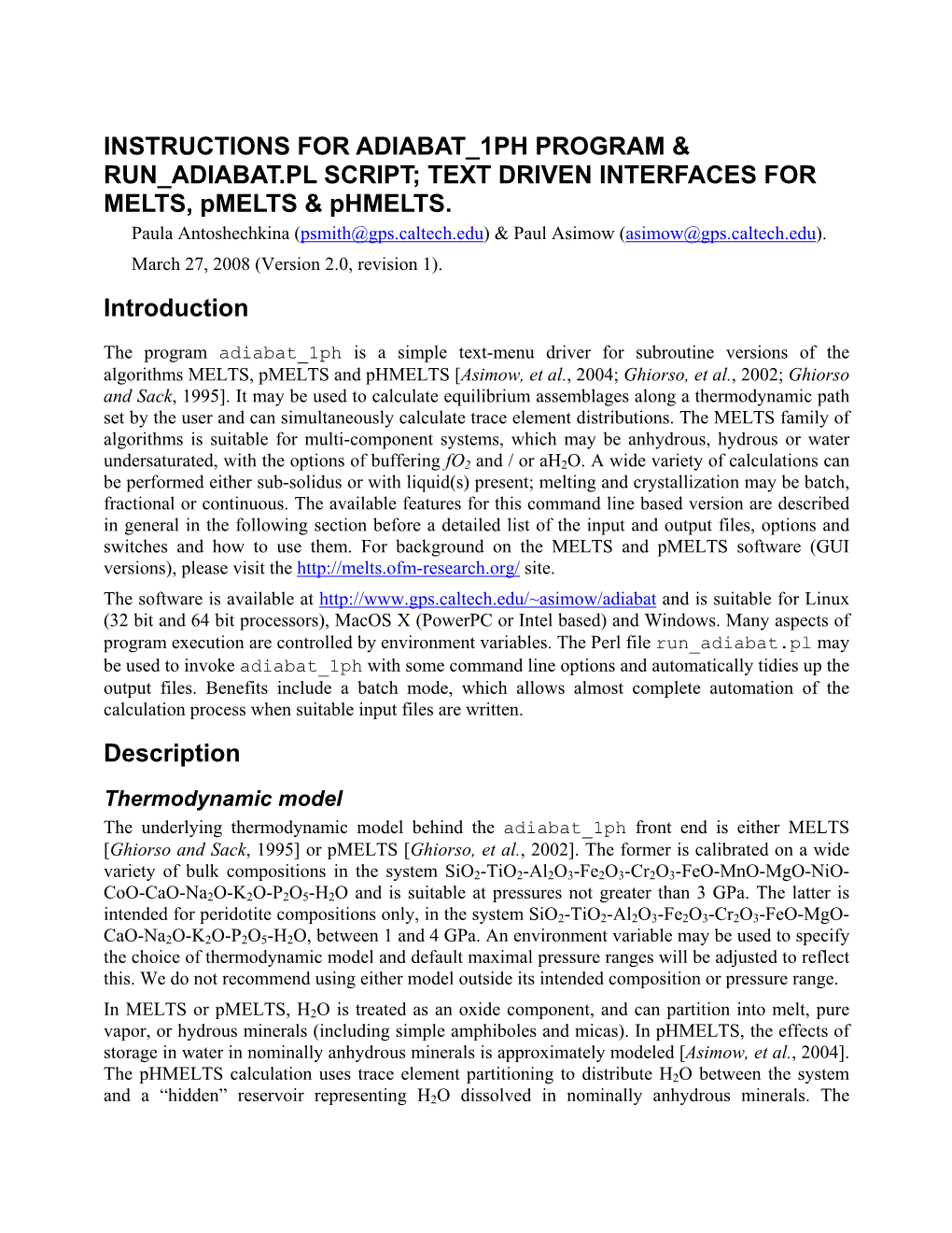 Instructions for the Adiabat 1P Interface to Pmelts Or Melts