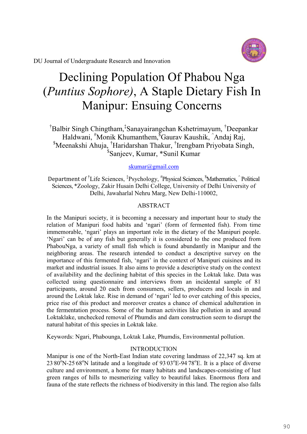 Declining Population of Phabou Nga (Puntius Sophore), a Staple Dietary Fish in Manipur: Ensuing Concerns