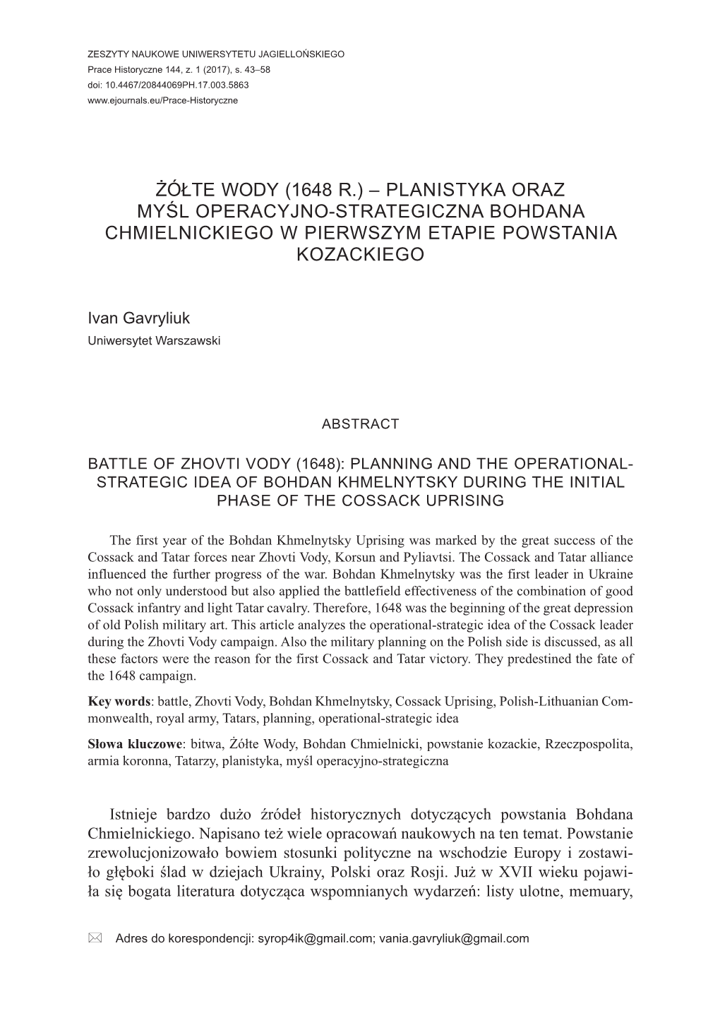 Żółte Wody (1648 R.) – Planistyka Oraz Myśl Operacyjno-Strategiczna Bohdana Chmielnickiego W Pierwszym Etapie Powstania Kozackiego